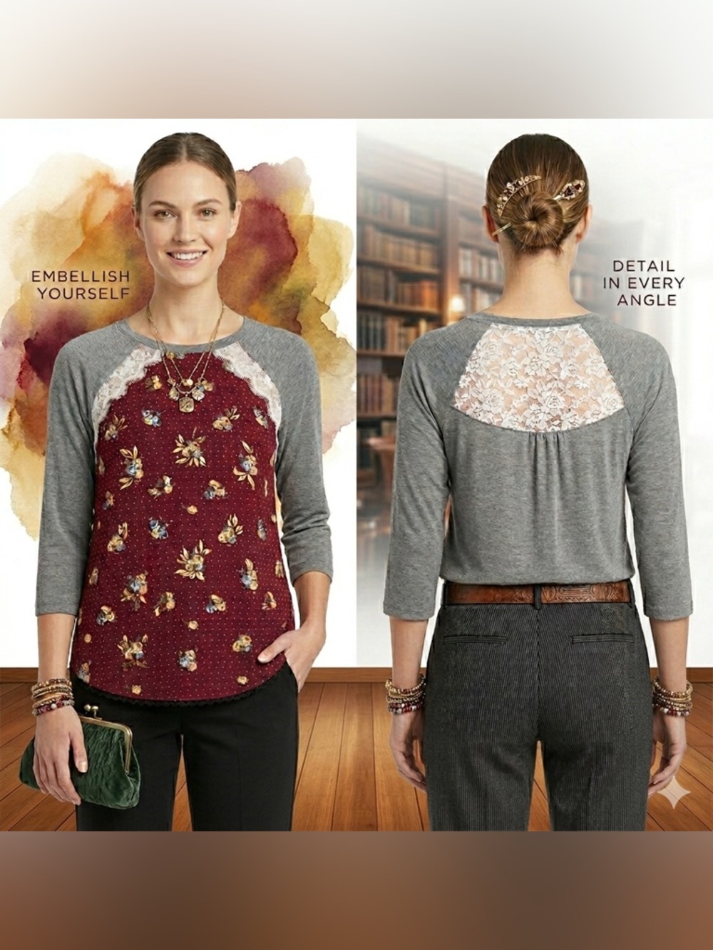 Wishful Park lacey romance Burgundy Floral Front and Lace Yoke top size large